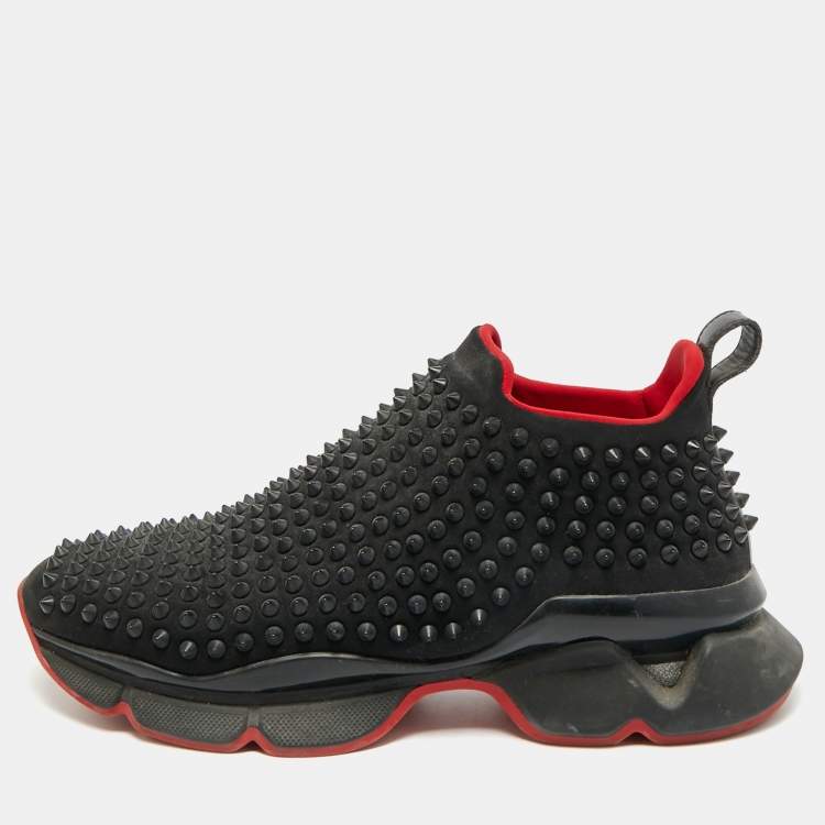 Pre Owned Christian Louboutin Spike Size 40 Black Neoprene Sock Slip On Sneakers