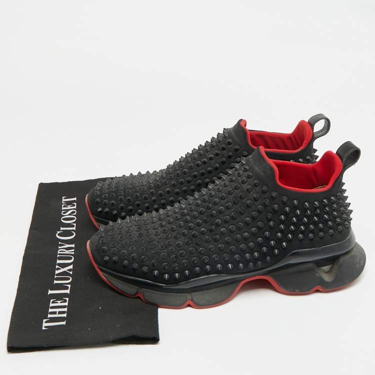 Pre Owned Christian Louboutin Spike Size 40 Black Neoprene Sock Slip On Sneakers