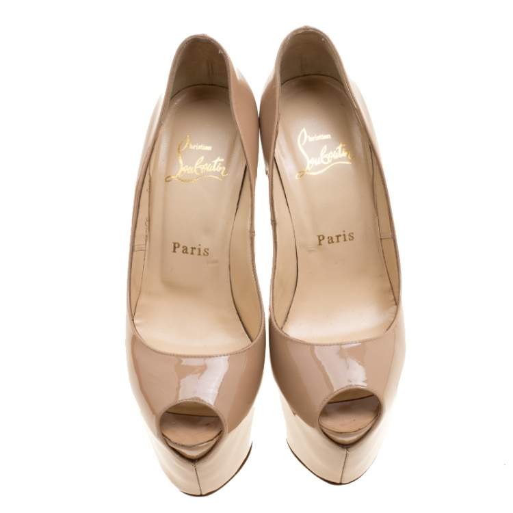 Pre Owned Christian Louboutin Beige Patent Leather Highness Peep Toe Platform Pumps Size 36.5