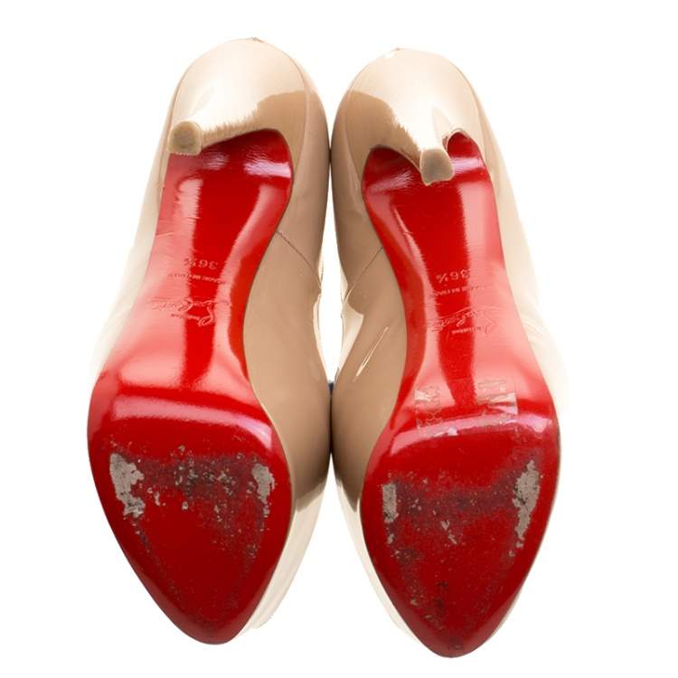Pre Owned Christian Louboutin Beige Patent Leather Highness Peep Toe Platform Pumps Size 36.5