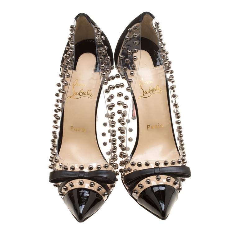 Pre Owned Christian Louboutin Black Studded PVC and Suede Bille Et Boule Bow Pointed Toe Pumps Size 40.5