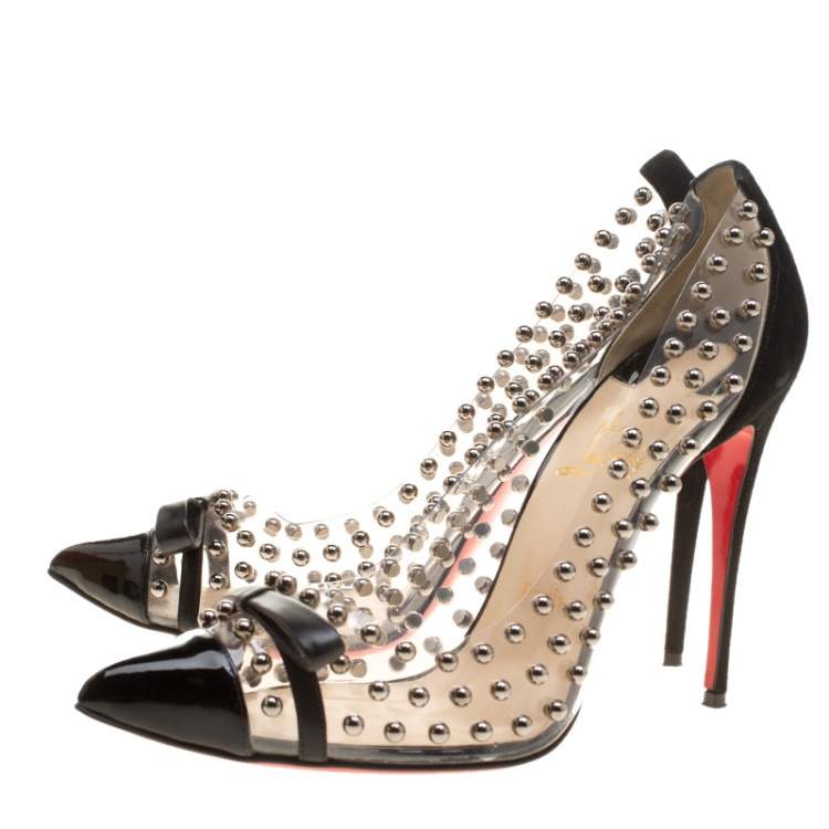 Pre Owned Christian Louboutin Black Studded PVC and Suede Bille Et Boule Bow Pointed Toe Pumps Size 40.5