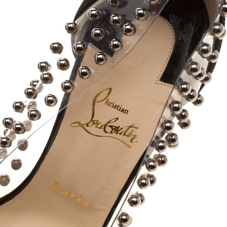 Pre Owned Christian Louboutin Black Studded PVC and Suede Bille Et Boule Bow Pointed Toe Pumps Size 40.5
