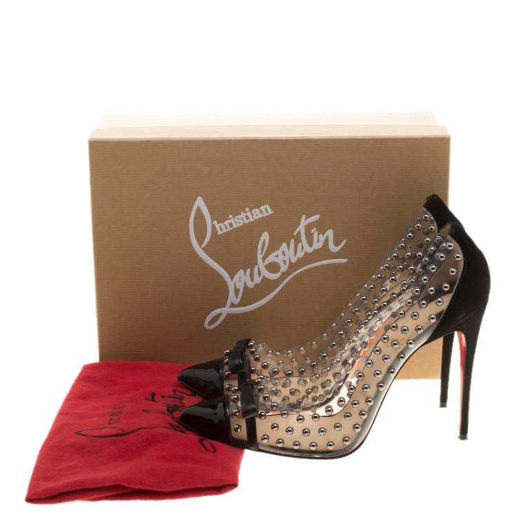 Pre Owned Christian Louboutin Black Studded PVC and Suede Bille Et Boule Bow Pointed Toe Pumps Size 40.5
