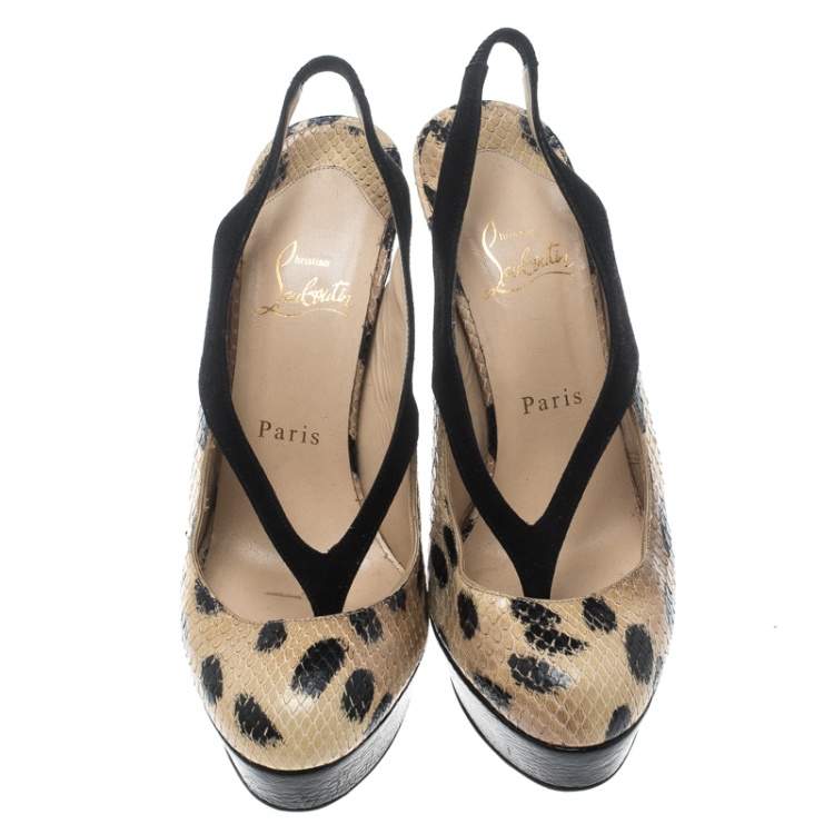Pre Owned Christian Louboutin Beige Animal Print Python and Black Suede Stringita Platform Slingback Sandals Size 38