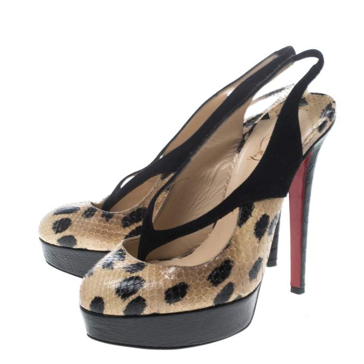 Pre Owned Christian Louboutin Beige Animal Print Python and Black Suede Stringita Platform Slingback Sandals Size 38