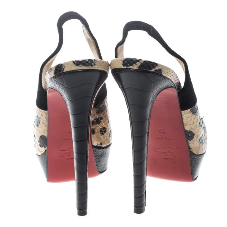 Pre Owned Christian Louboutin Beige Animal Print Python and Black Suede Stringita Platform Slingback Sandals Size 38