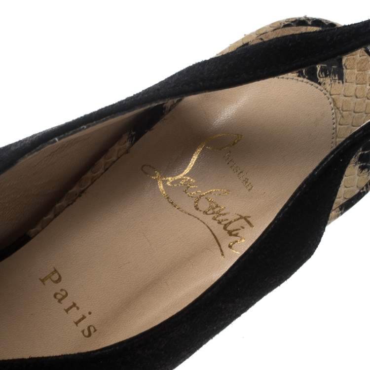 Pre Owned Christian Louboutin Beige Animal Print Python and Black Suede Stringita Platform Slingback Sandals Size 38