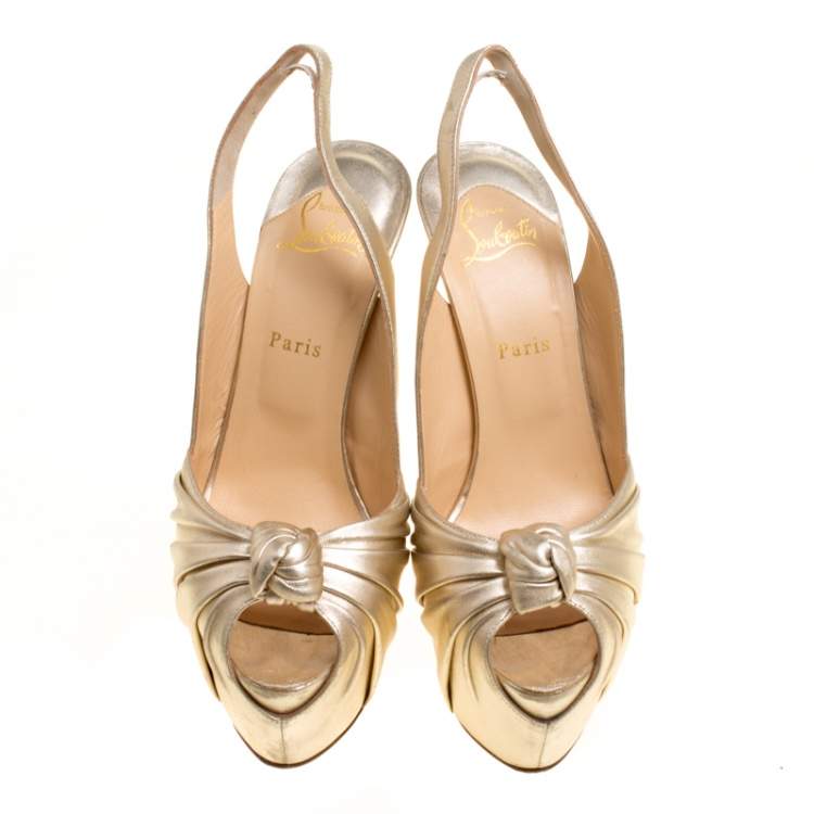 Pre Owned Christian Louboutin Gold Leather Miss Benin Knotted Platform Slingback Sandals Size 40