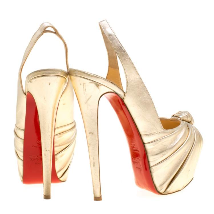 Pre Owned Christian Louboutin Gold Leather Miss Benin Knotted Platform Slingback Sandals Size 40