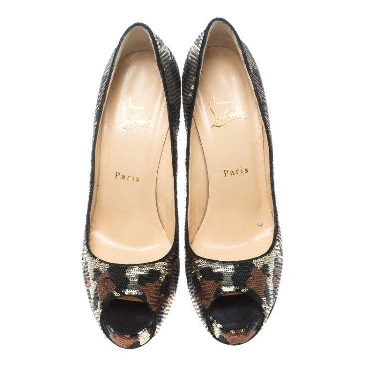 Pre Owned Christian Louboutin Leopard Print Sequin Paillettes Very Prive Peep Toe Pumps Size 38.5