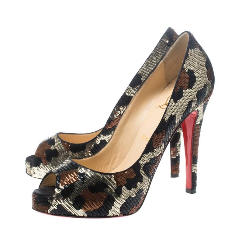Pre Owned Christian Louboutin Leopard Print Sequin Paillettes Very Prive Peep Toe Pumps Size 38.5