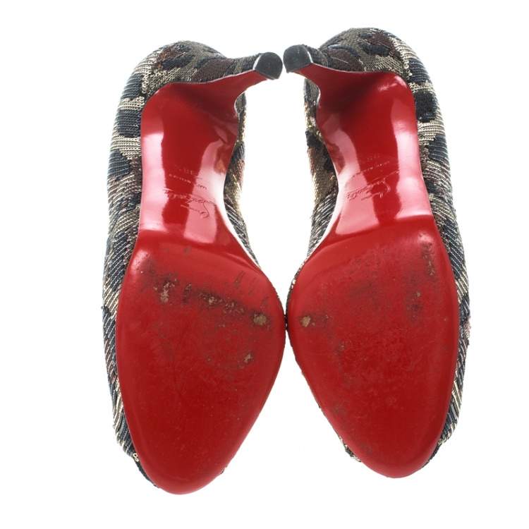 Pre Owned Christian Louboutin Leopard Print Sequin Paillettes Very Prive Peep Toe Pumps Size 38.5
