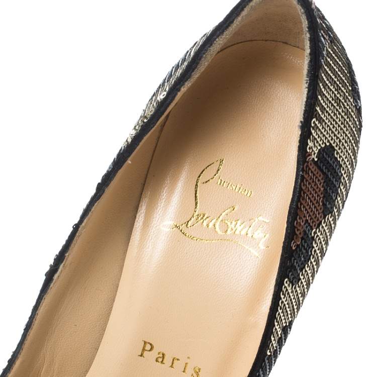 Pre Owned Christian Louboutin Leopard Print Sequin Paillettes Very Prive Peep Toe Pumps Size 38.5