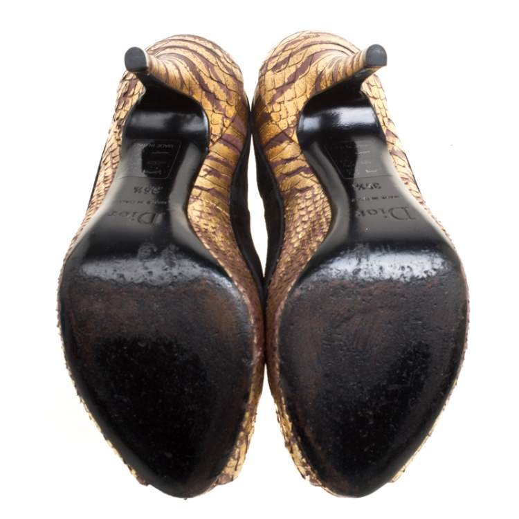 Pre Owned Dior Black/Gold Suede and Python Peep Toe Pumps Size 35.5 