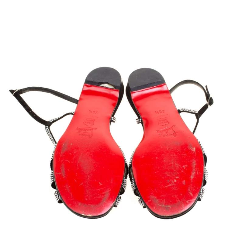 Pre Owned Christian Louboutin Black Crystal Embellished Suede Slingback Flat Sandals Size 36.5