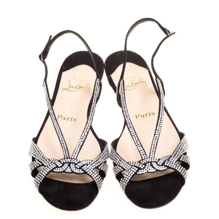 Pre Owned Christian Louboutin Black Crystal Embellished Suede Slingback Flat Sandals Size 36.5