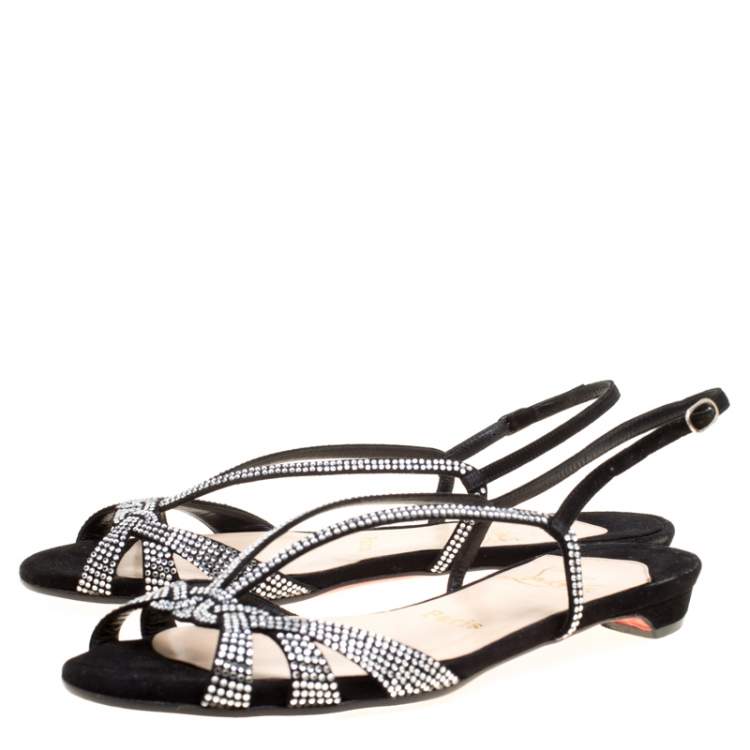 Pre Owned Christian Louboutin Black Crystal Embellished Suede Slingback Flat Sandals Size 36.5