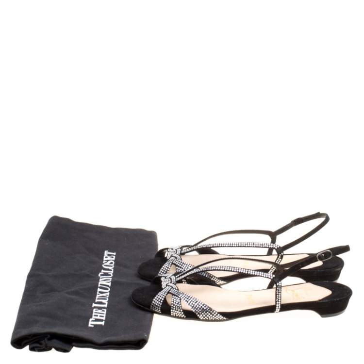 Pre Owned Christian Louboutin Black Crystal Embellished Suede Slingback Flat Sandals Size 36.5
