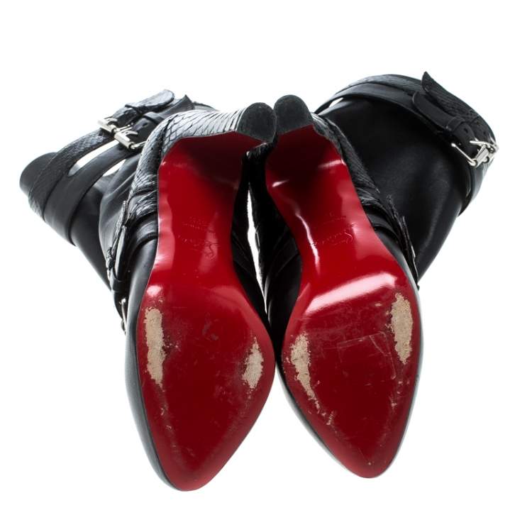 Pre Owned Christian Louboutin Black Python and Leather Loubi Bike Boots Size 37.5