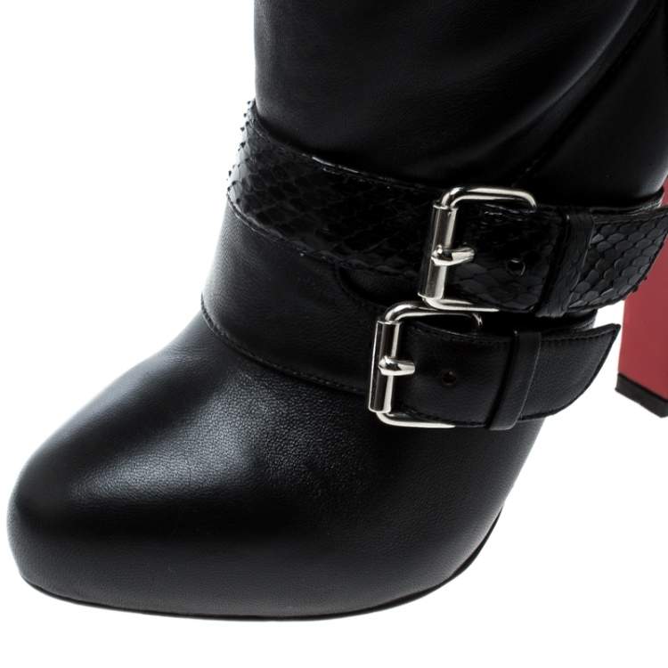 Pre Owned Christian Louboutin Black Python and Leather Loubi Bike Boots Size 37.5