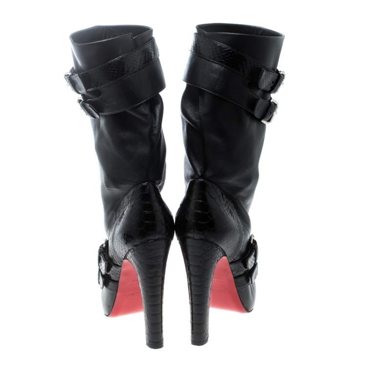 Pre Owned Christian Louboutin Black Python and Leather Loubi Bike Boots Size 37.5