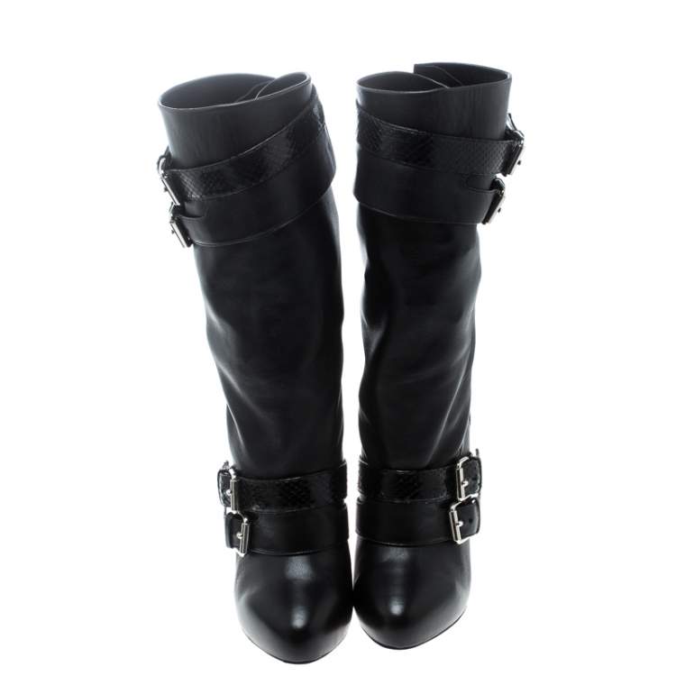 Pre Owned Christian Louboutin Black Python and Leather Loubi Bike Boots Size 37.5