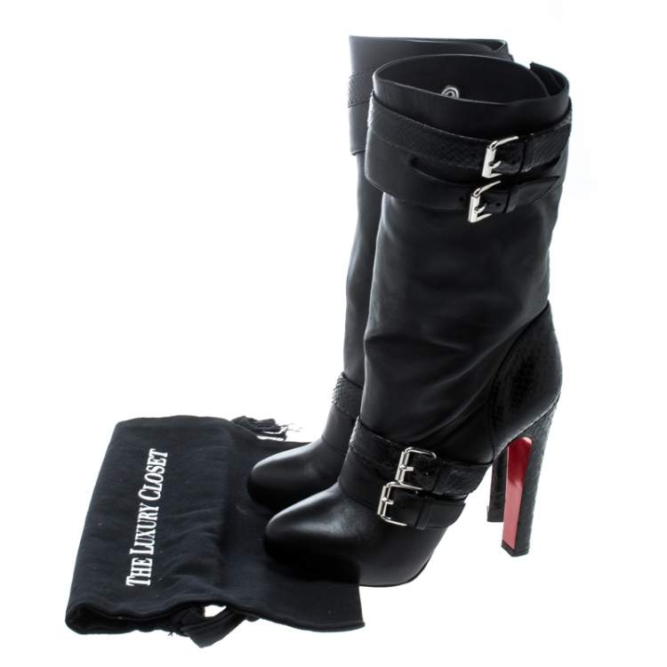 Pre Owned Christian Louboutin Black Python and Leather Loubi Bike Boots Size 37.5