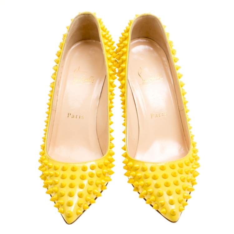 Pre Owned Christian Louboutin Canary Yellow Patent Leather Pigalle Spikes Pumps Size 37.5