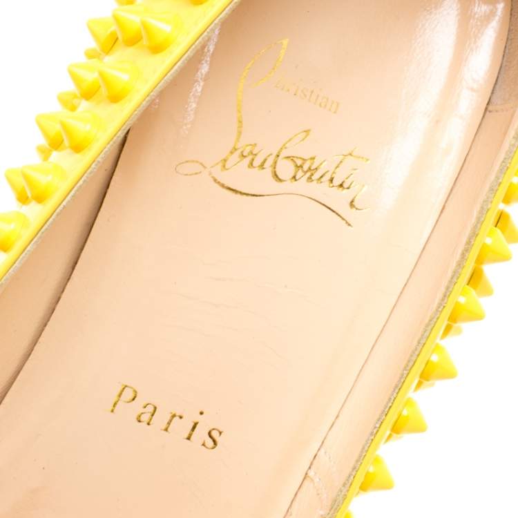 Pre Owned Christian Louboutin Canary Yellow Patent Leather Pigalle Spikes Pumps Size 37.5