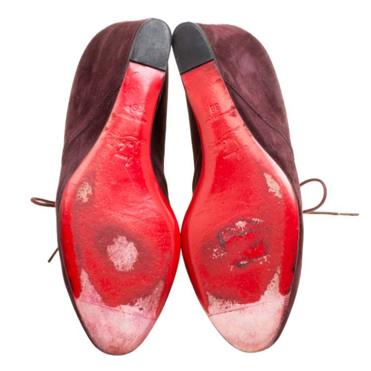 Pre Owned Christian Louboutin Wine Suede Compacta Wedge Heel Lace Up Boots Size 38