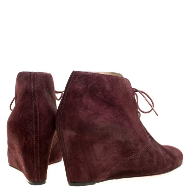 Pre Owned Christian Louboutin Wine Suede Compacta Wedge Heel Lace Up Boots Size 38
