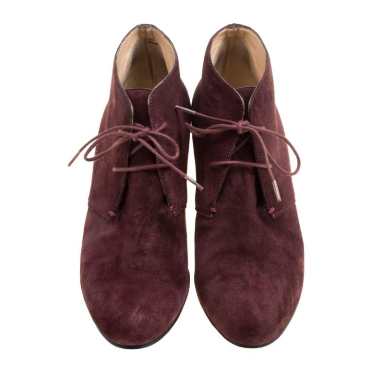 Pre Owned Christian Louboutin Wine Suede Compacta Wedge Heel Lace Up Boots Size 38