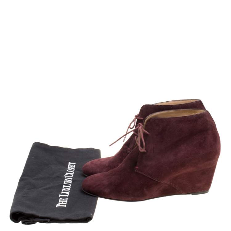 Pre Owned Christian Louboutin Wine Suede Compacta Wedge Heel Lace Up Boots Size 38