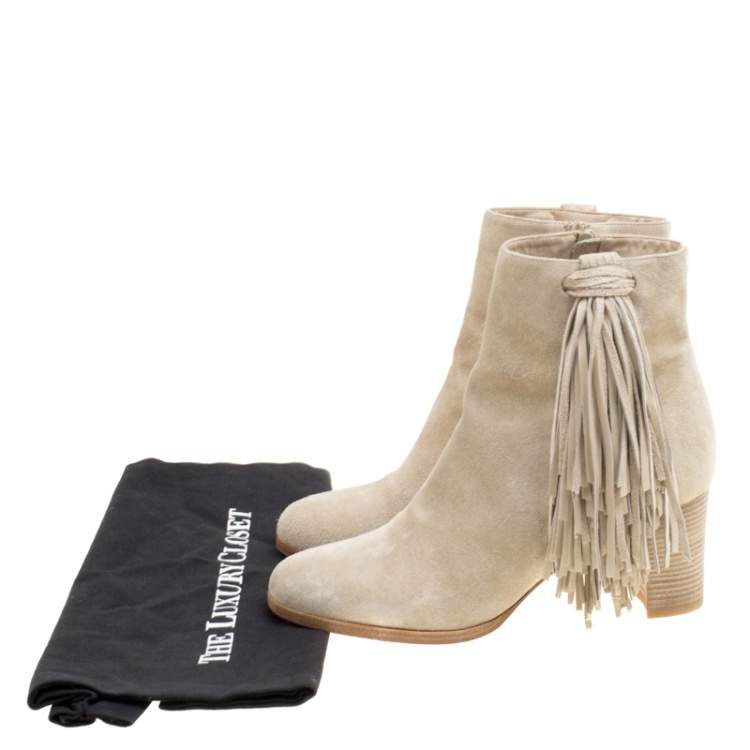 Pre Owned Christian Louboutin Beige Suede Jimmy Netta Tassel Detail Block Heel Ankle Boots Size 37.5