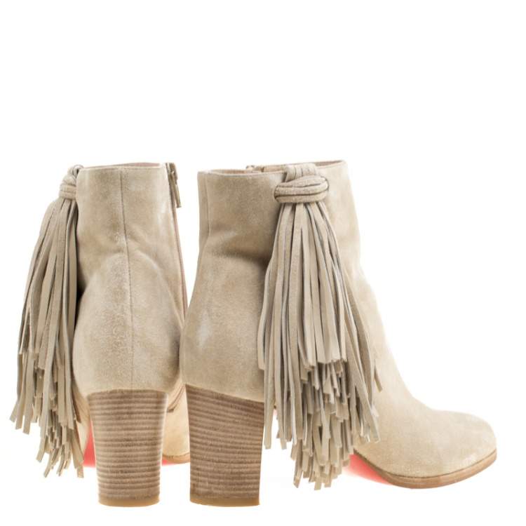 Pre Owned Christian Louboutin Beige Suede Jimmy Netta Tassel Detail Block Heel Ankle Boots Size 37.5