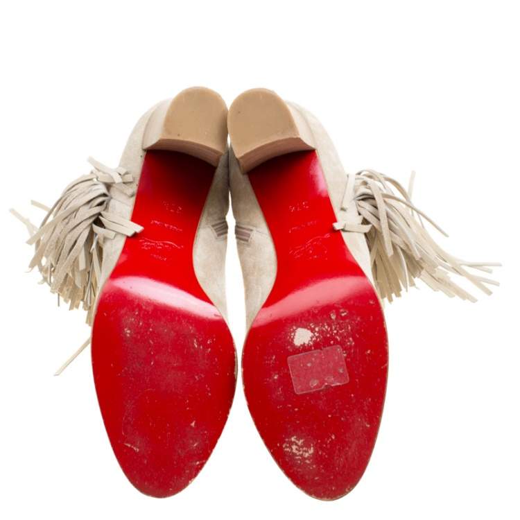 Pre Owned Christian Louboutin Beige Suede Jimmy Netta Tassel Detail Block Heel Ankle Boots Size 37.5
