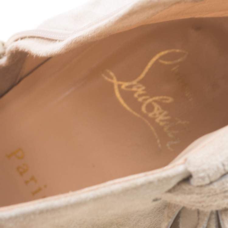 Pre Owned Christian Louboutin Beige Suede Jimmy Netta Tassel Detail Block Heel Ankle Boots Size 37.5