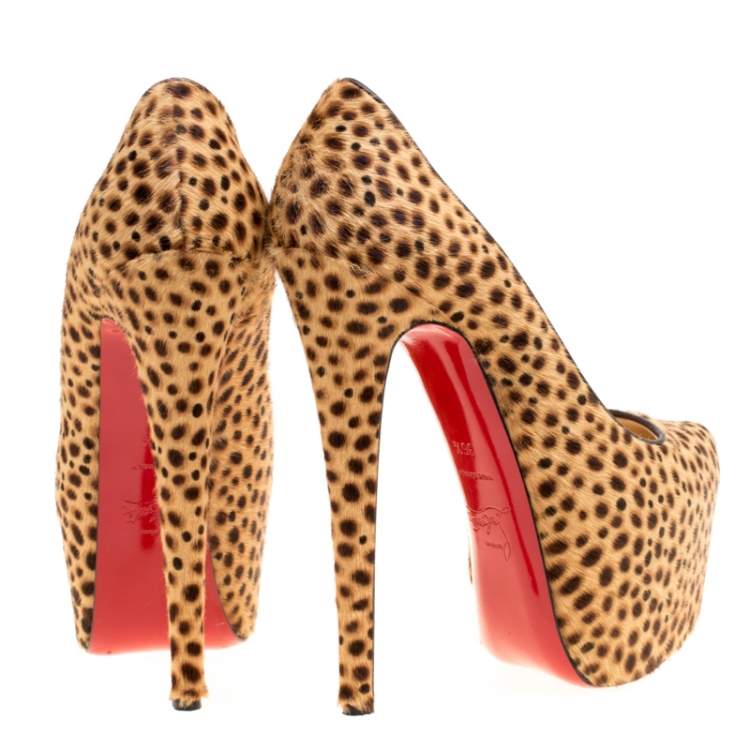 Pre Owned  Christian Louboutin Beige Leopard Print Calf Hair Daffodile Platform Pumps Size 36.5