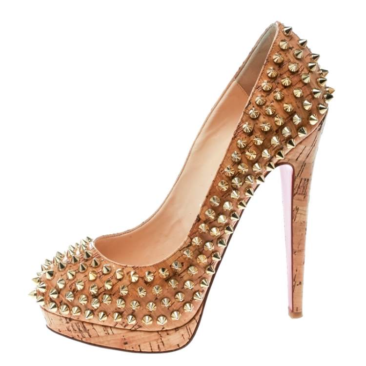 Pre Owned Christian Louboutin Beige Cork Alti Spike Platform Pumps Size 36.5