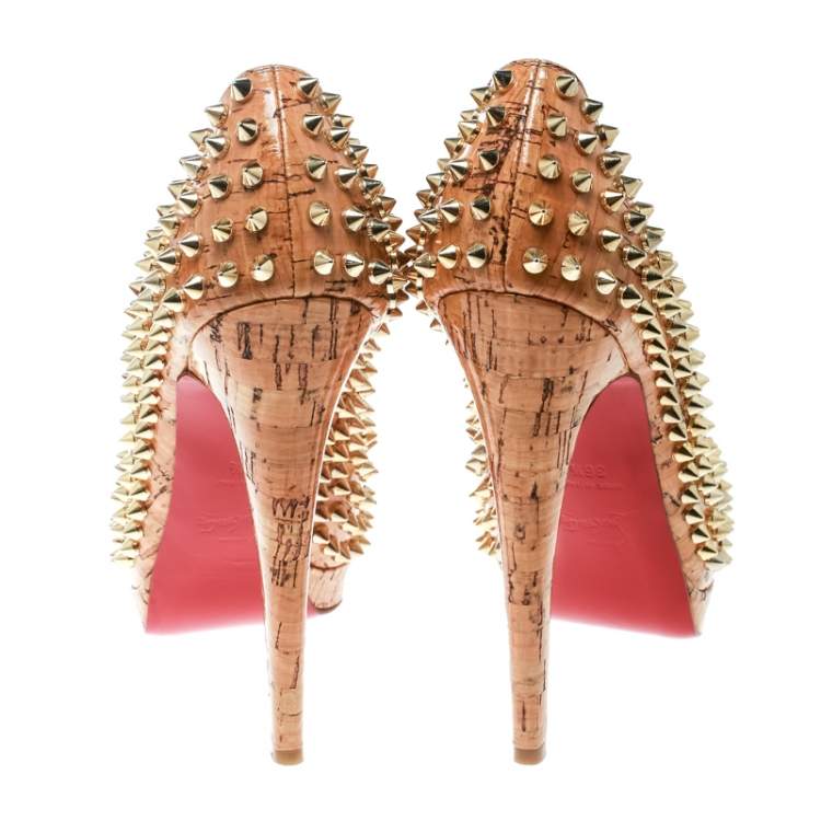 Pre Owned Christian Louboutin Beige Cork Alti Spike Platform Pumps Size 36.5