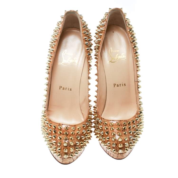 Pre Owned Christian Louboutin Beige Cork Alti Spike Platform Pumps Size 36.5