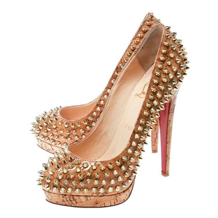 Pre Owned Christian Louboutin Beige Cork Alti Spike Platform Pumps Size 36.5