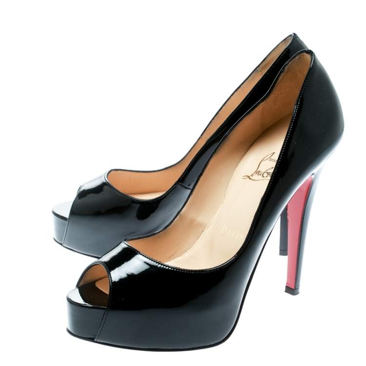 Pre Owned Christian Louboutin Black Patent Leather Hyper Prive Peep Toe Platform Pumps Size 37