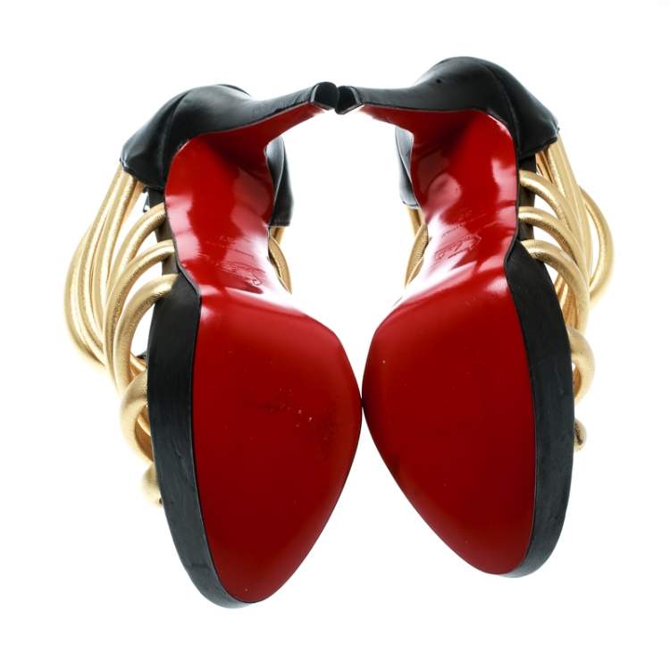 Pre Owned Christian Louboutin Black and Gold Leather Romaine Platform Sandals Size 37