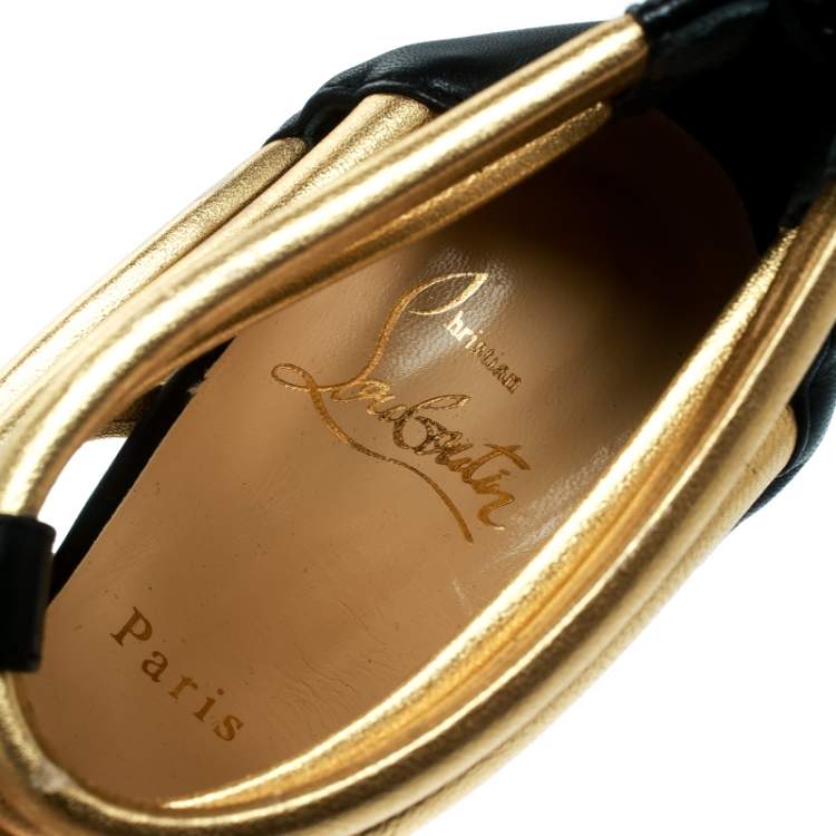 Pre Owned Christian Louboutin Black and Gold Leather Romaine Platform Sandals Size 37