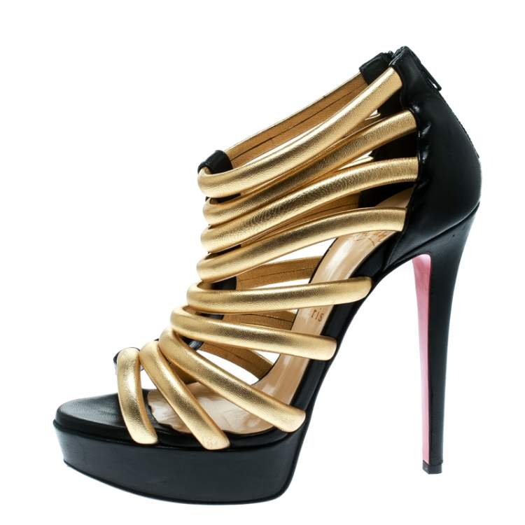 Pre Owned Christian Louboutin Black and Gold Leather Romaine Platform Sandals Size 37
