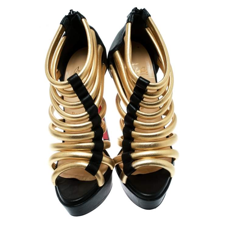 Pre Owned Christian Louboutin Black and Gold Leather Romaine Platform Sandals Size 37