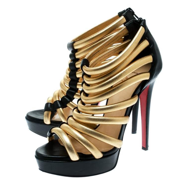 Pre Owned Christian Louboutin Black and Gold Leather Romaine Platform Sandals Size 37