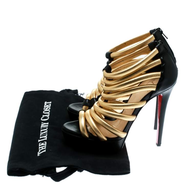 Pre Owned Christian Louboutin Black and Gold Leather Romaine Platform Sandals Size 37